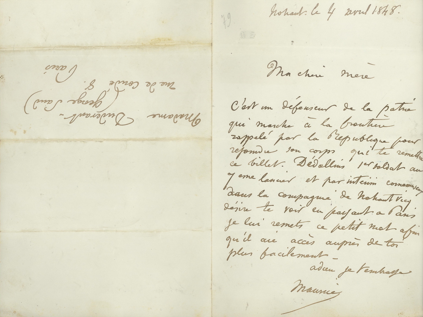 Lettre-enveloppe autographe de Maurice SAND à George SAND