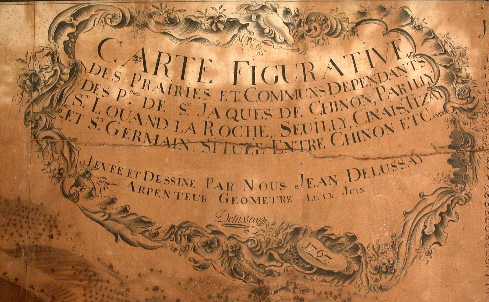 Carte figurative des Prairies et Communs dépendants des Psses de St. Jacques et Chinon, Parilly, St. Louand, La Roche, Seuilly, Cinais, tizay et St. Germain, située entre Chinon et Candes.