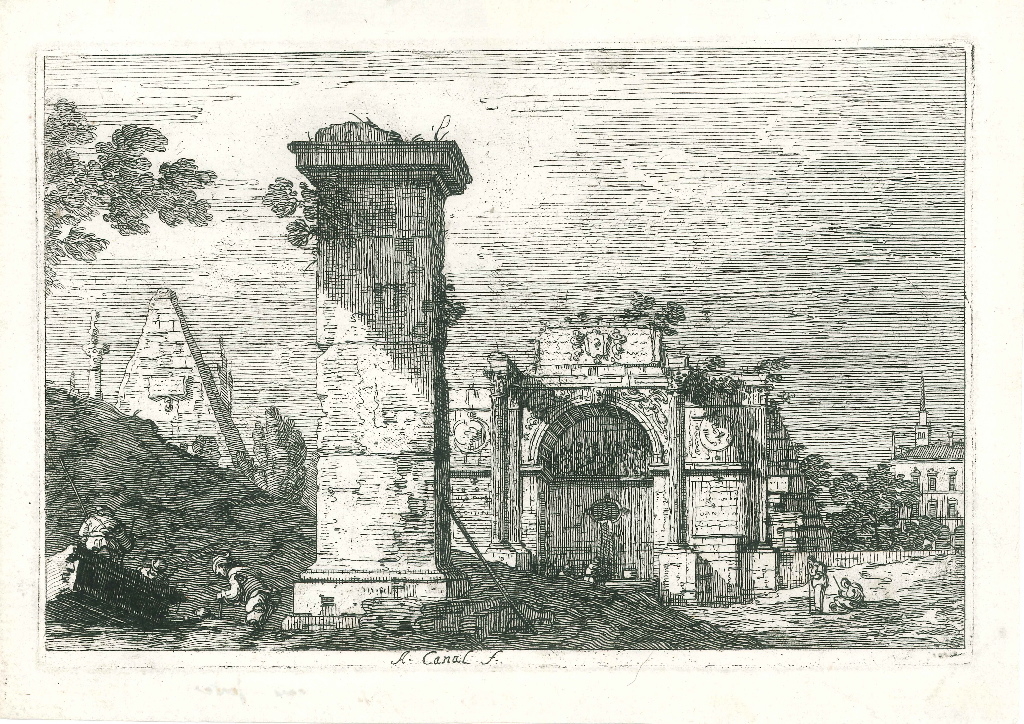 Trois personnages et un pilier. (titre factice)