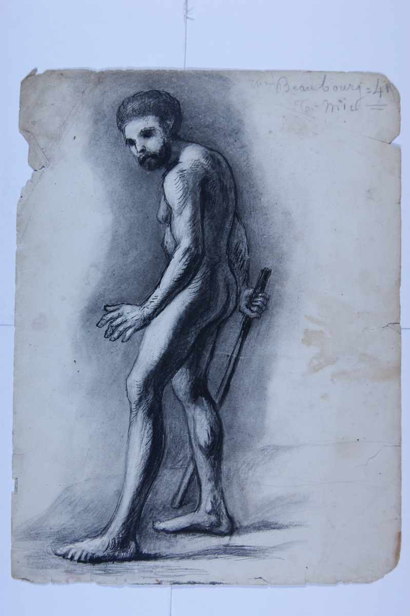 Homme nu debout tenant un bâton dans la main droite. (titre factice)