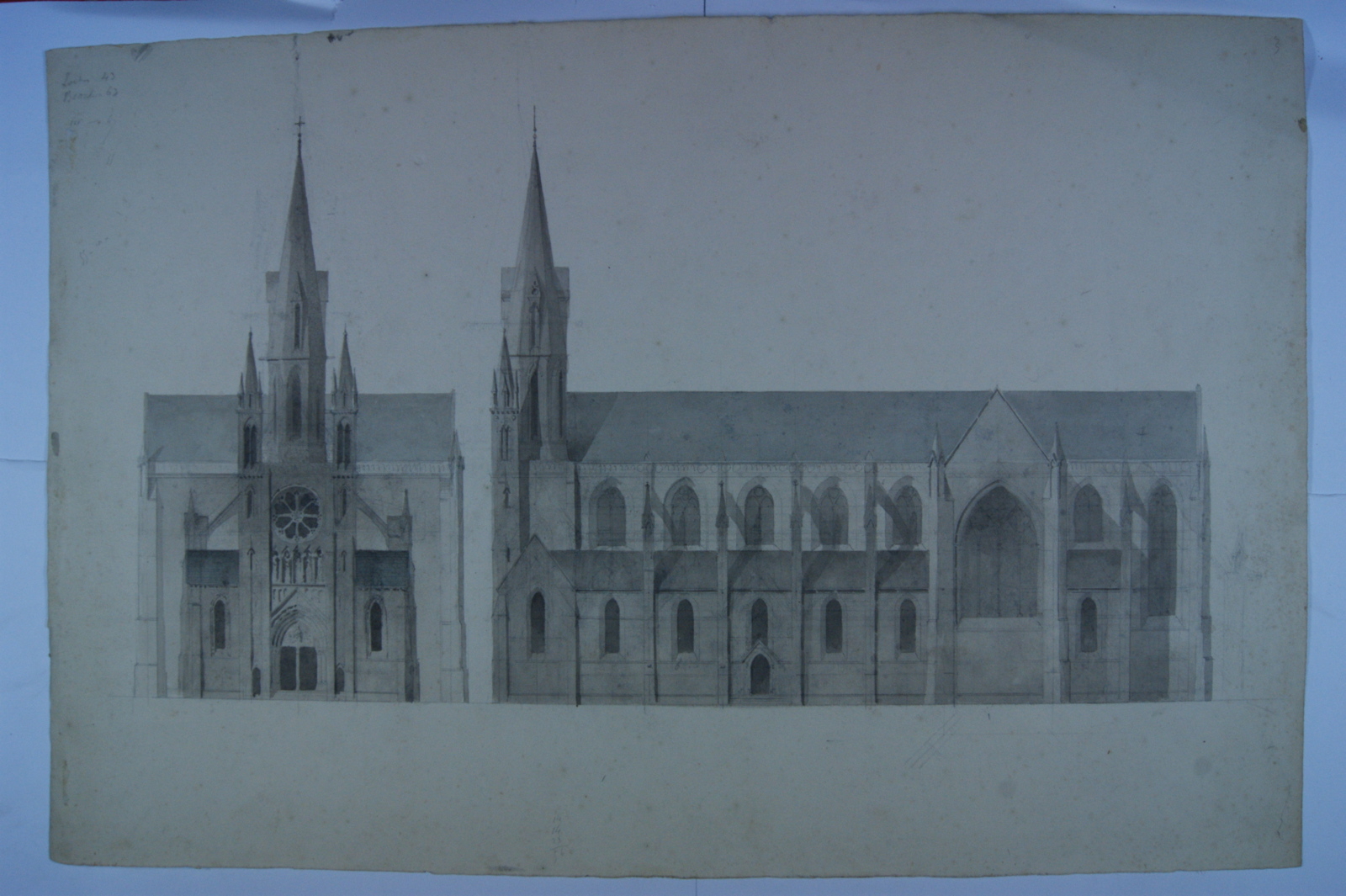 Dessin en élévation d'une église. Massif occidental et côté sud. (titre factice)