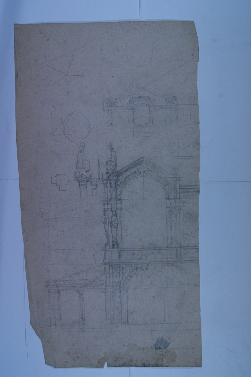 Dessin d'architecture avec fronton et cariatide. (titre factice)