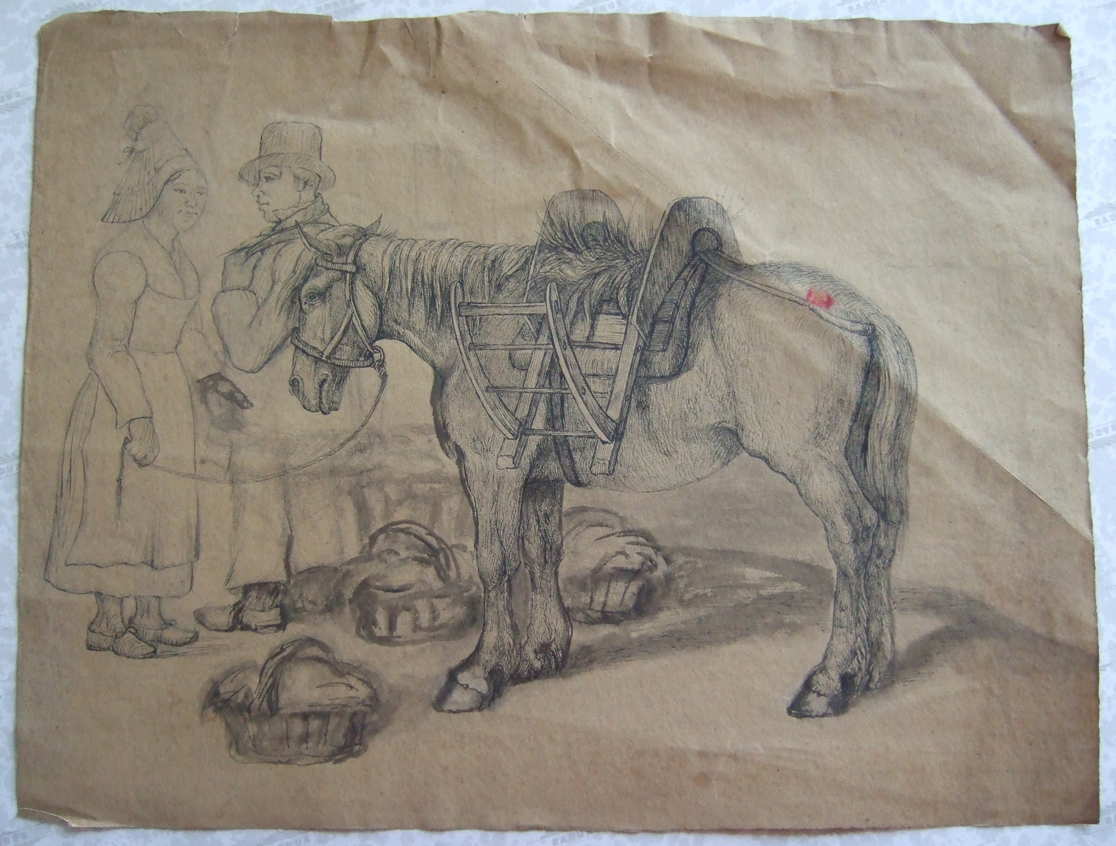 Cheval auprès d'un couple de fermiers. (titre factice)