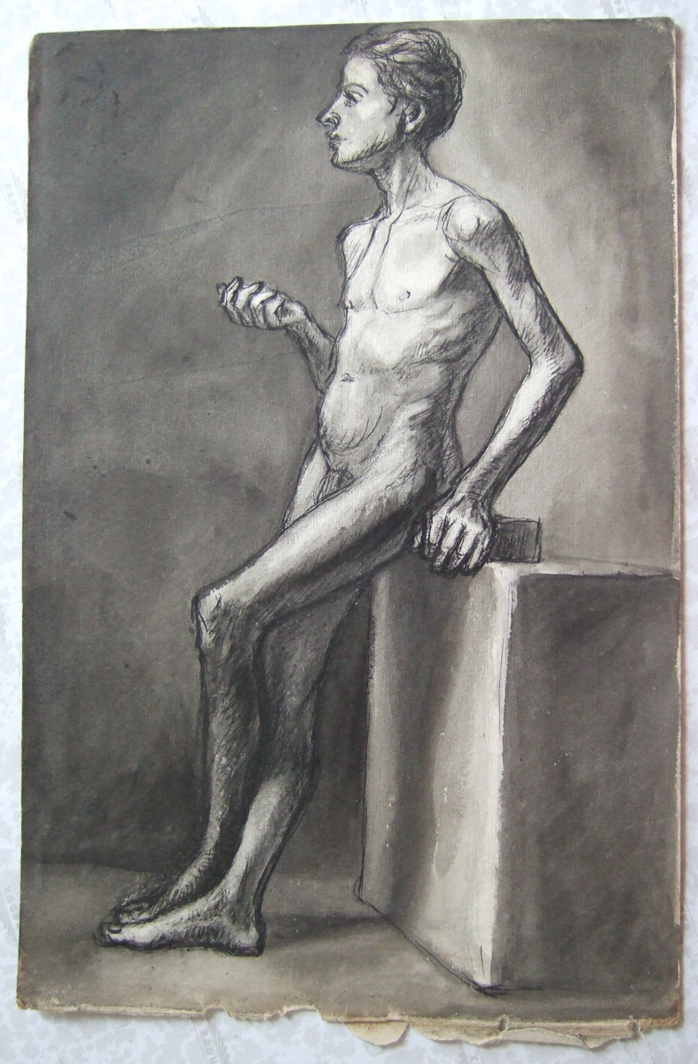 Jeune homme debout appuyé sur un bloc de pierre. (titre factice)