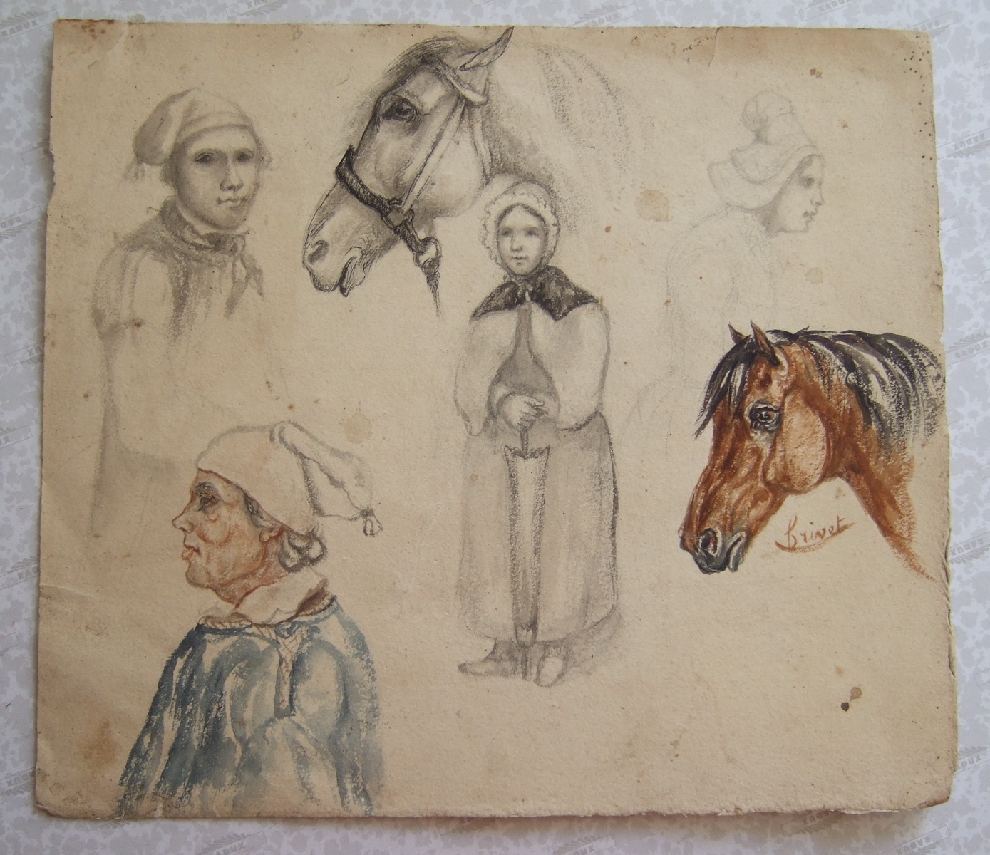 Quatre personnages et deux têtes de chevaux. (titre factice)