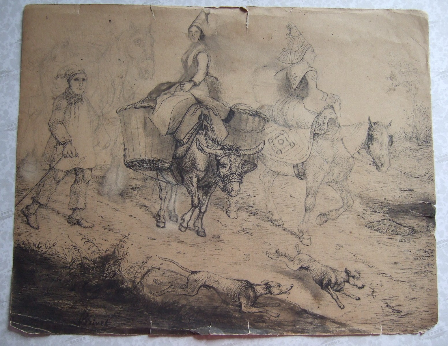 Deux femmes montent un cheval et un âne. Deux chiens courant. (titre factice)