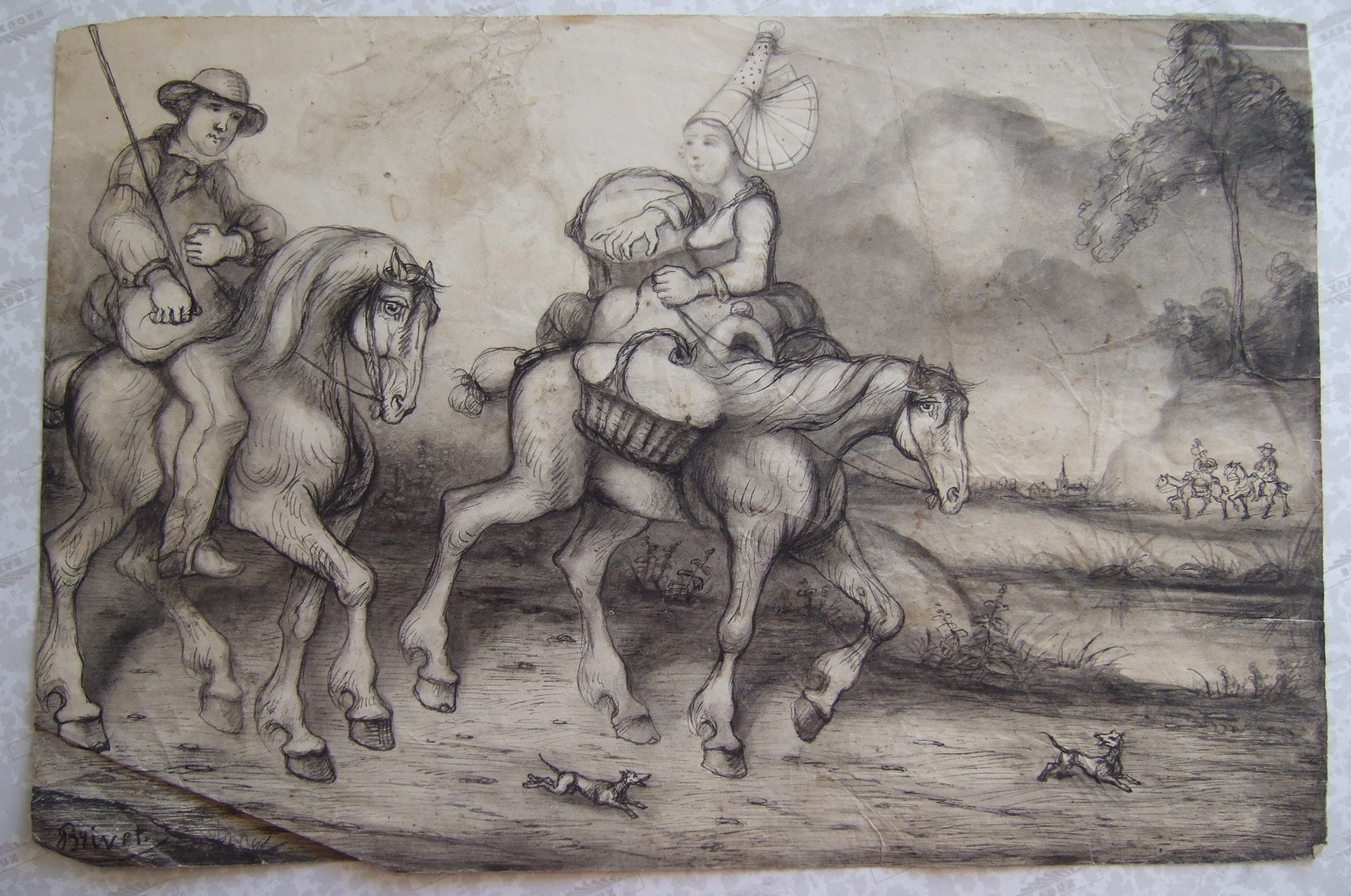 Deux paysans sur chevaux et deux petits chiens courant devant. (titre factice)