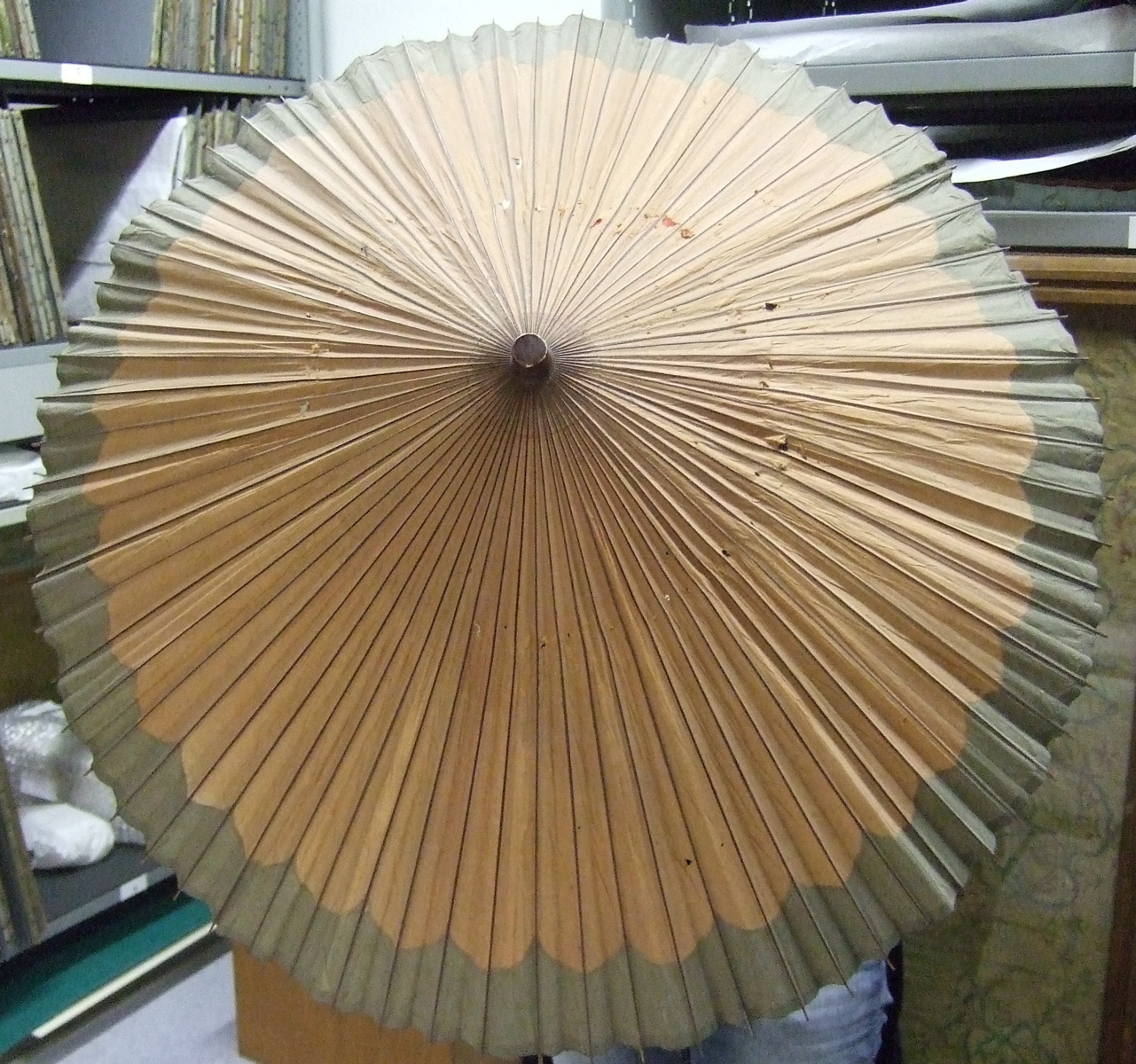 Ombrelle en bambou et papier, vert et sépia (titre factice)