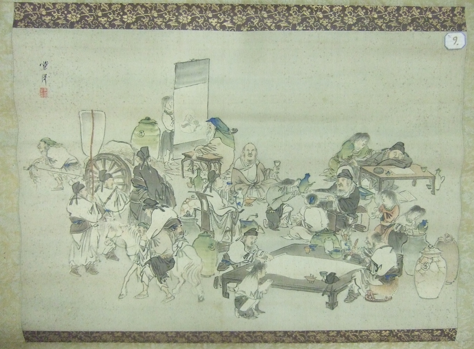 Peinture horizontale montée sur rouleau vertical représentant une réunion de lettrés chinois peignant et buvant (titre factice)