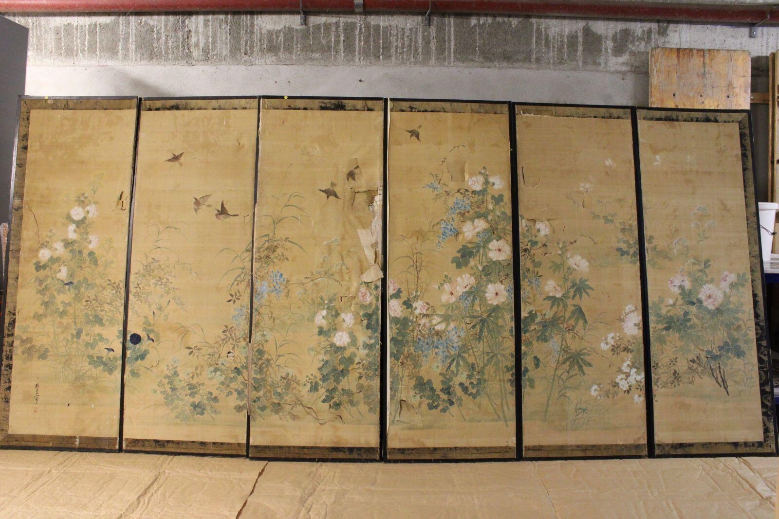 Paravent à six feuilles représentant des fleurs de printemps et d’été. (titre factice)