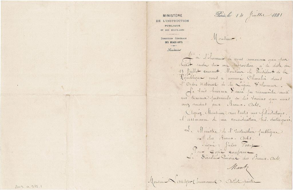 Documents relatifs à la remise de la légion d'honneur à Emmanuel Lansyer (titre factice)