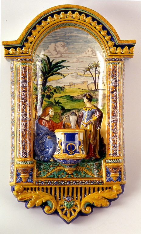 Bénitier à motifs de scène biblique "le Christ et la Samaritaine"