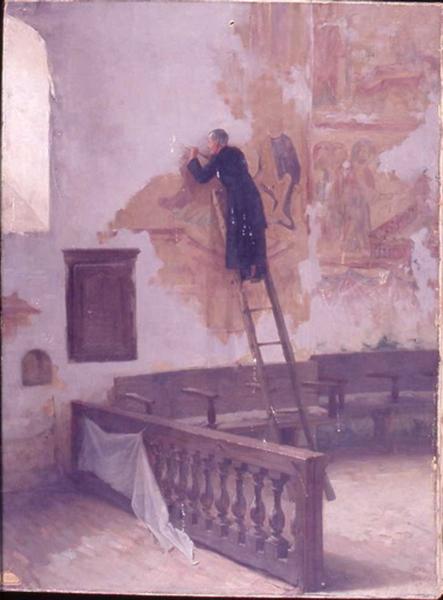 L'abbé Haugou découvrant les fresques de l'église de Saint-Jacques-des-Guérets
