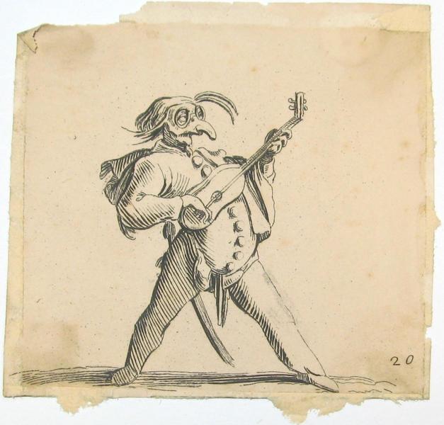 Les Gobbi : Nain portant un masque et jouant de la guitare