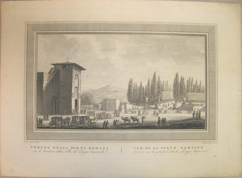 Veduta della Porta Romana, con lo stradone della Villa del Poggio Imperiale - Vue de la Porte Romaine, et vis-à-vis la grande L'allée du Poggio Imperiale