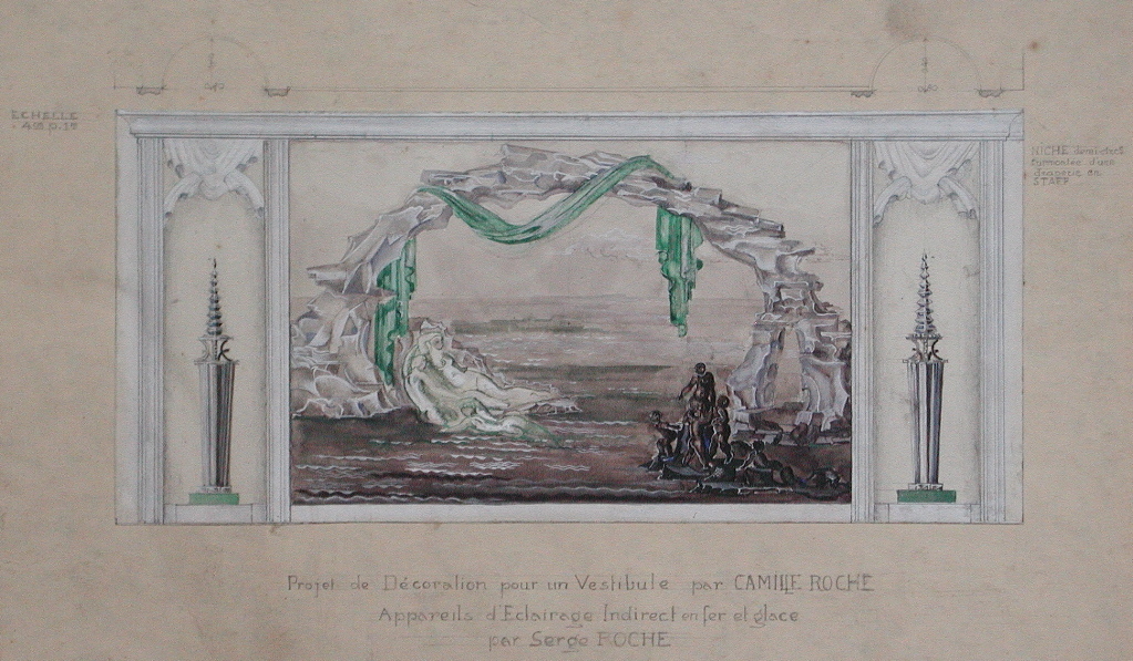 Projet  de Décoration pour un Vestibule par CAMILLE ROCHE / Appareils d’Eclairage Indirect en fer et glace / par Serge ROCHE (titre inscrit)