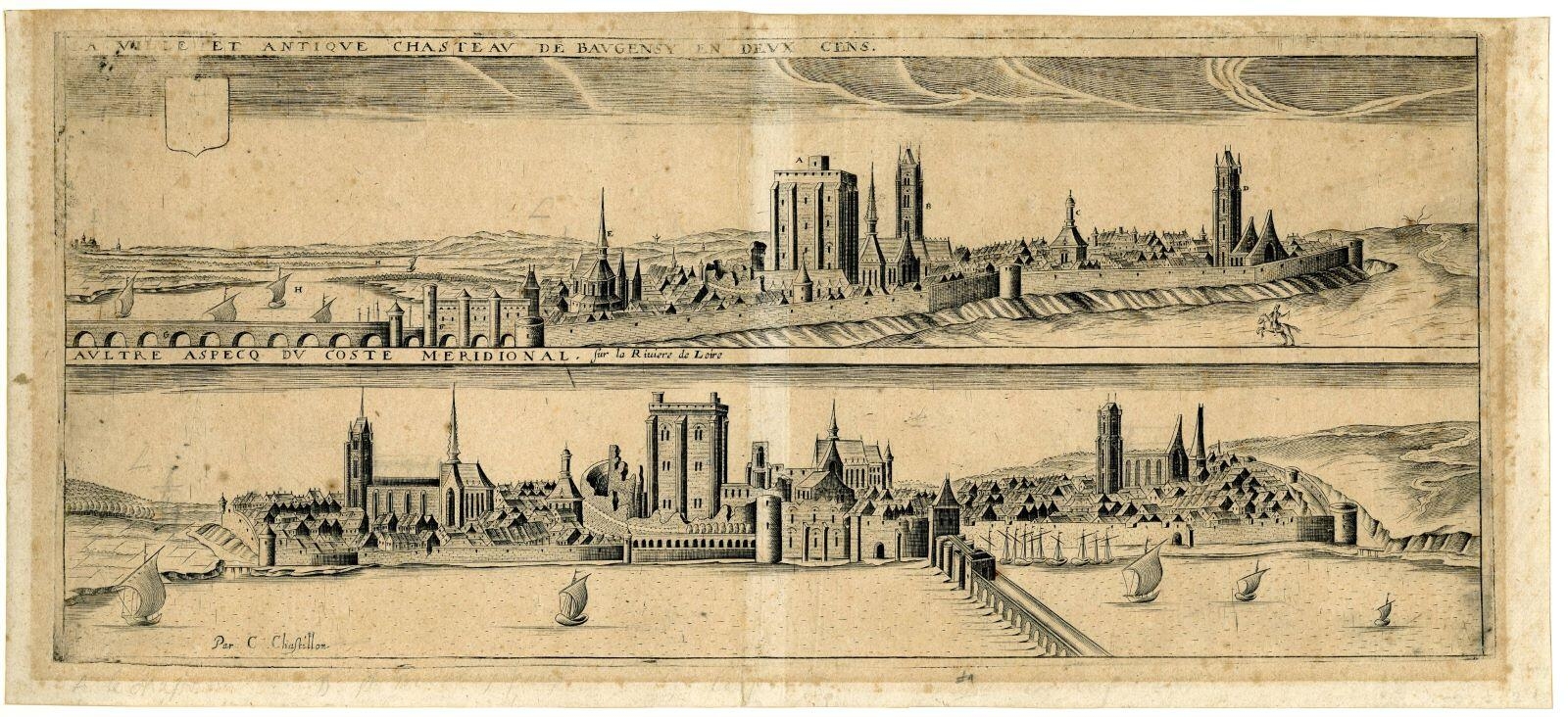 La ville et antique chasteau de Baugensy en deux cens / AULTRE ASPECQ DU COSTE MERIDIONAL, sur la Rivière de Loire (titres inscrits)