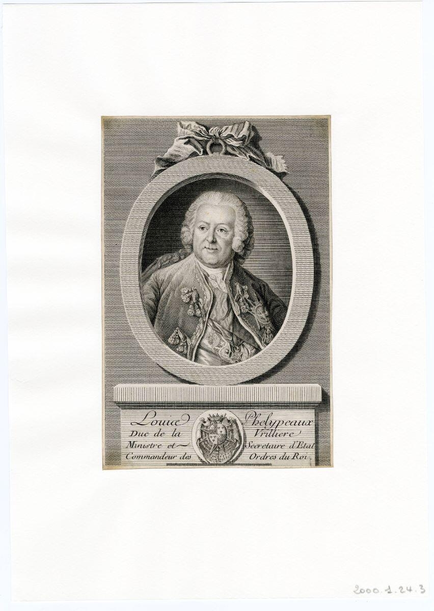 Louix Phélypeaux / Duc de la Vrillière / Ministre et Secrétaire d’Etat / Commandeur des Ordres du Roi. (titre inscrit)