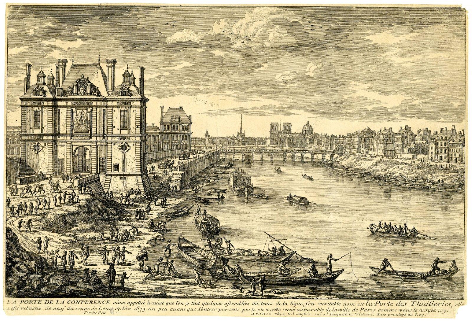 La Porte de la Conférence ainsi appellée à cause que l’on y tint quelques assemblées du tems de la ligue, son véritable nom est la porte des Thuilleries, elle / a été rebasties de neuf du regne de Louis 13 l’an 1633, un peu avant que d’entrer par cette porte on a veue admirable de la ville de paris comme vous le voyez icy. (titre inscrit)