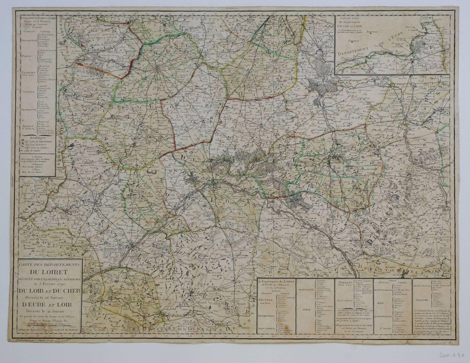 Carte des départements / du Loiret / décrété par l’Assemblée Nationale / le 3 février 1790 / du Loir et du Cher / Décrété le 26 janvier / D Eure et Loir / Décrété le 21 janvier / Et partie de ceux de Seine et de l’Oise, Seine et Marne, l’Yonne etc (titre inscrit)