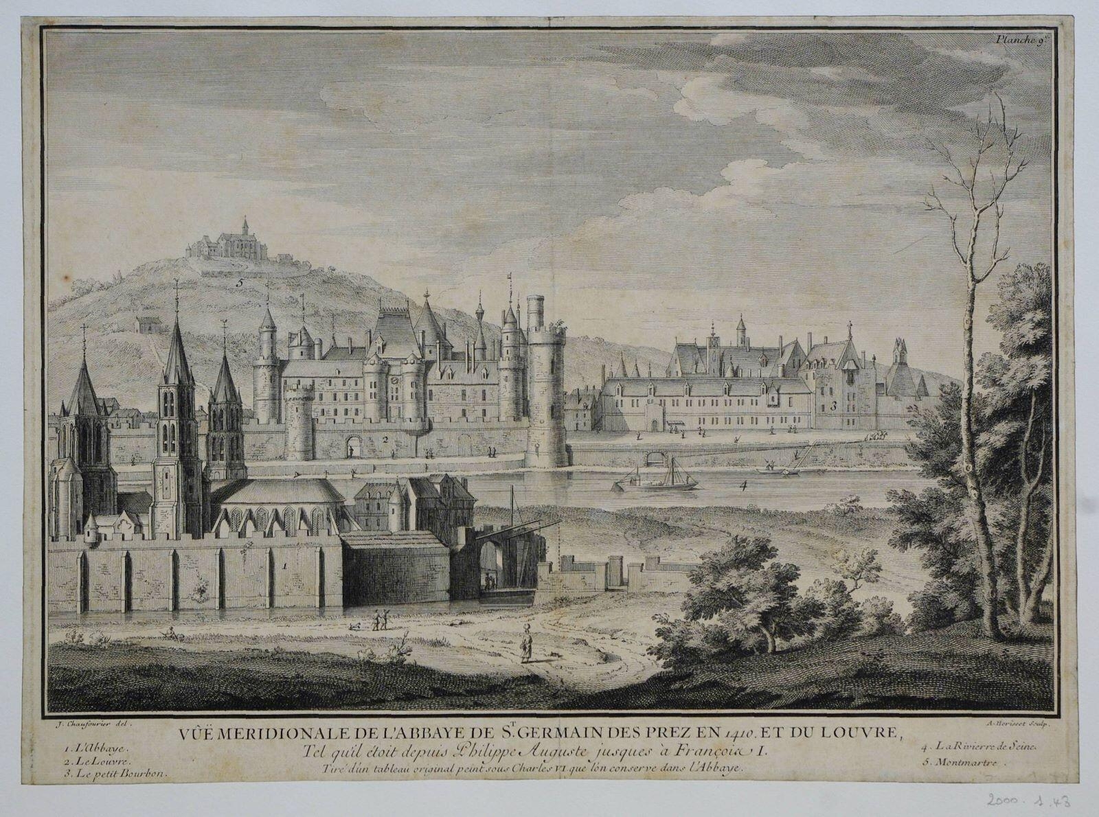 Vûë méridionale de l’abbaye de St Germain des Prez en 1410 et du Louvre / tel qu’il étoit depuis Philippe Auguste jusques à François 1er (titre inscrit)