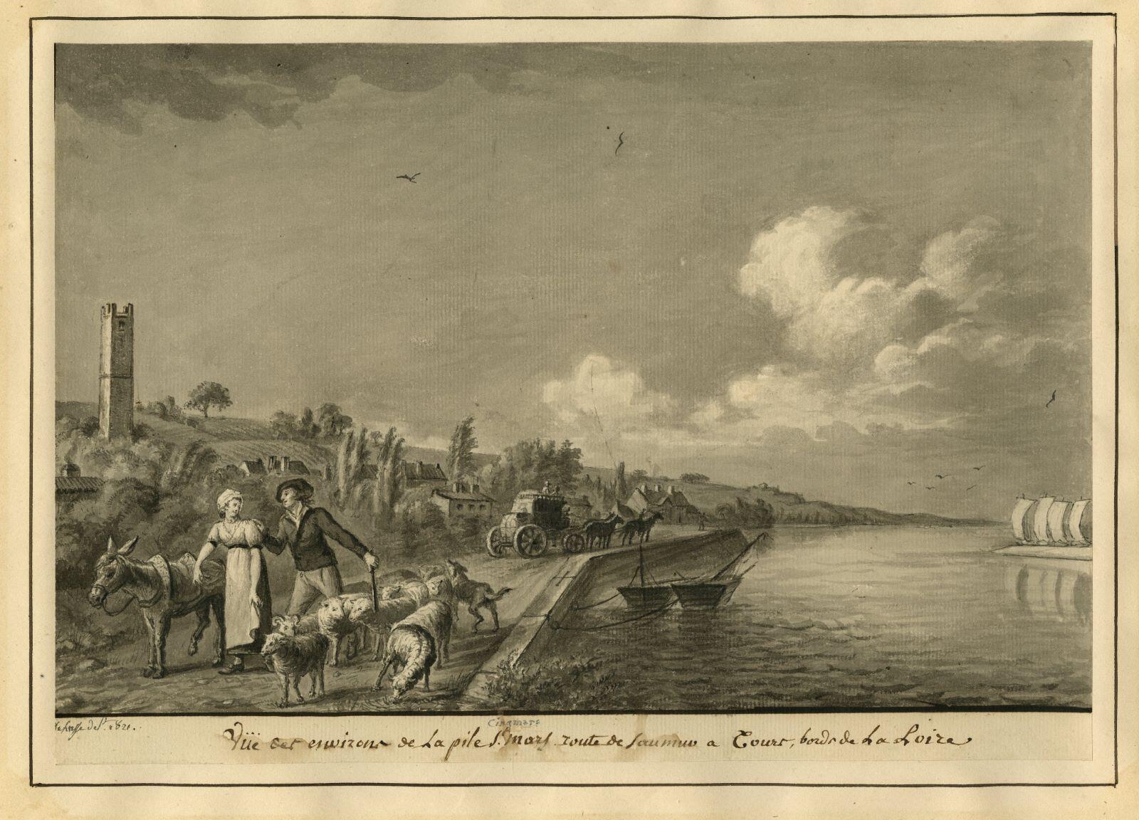 Vue des environs de la pile St Mars / Cinq mars / route de Saumur à Tours, bords de la Loire (titre inscrit)