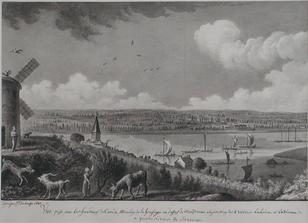 Vue prise sur les hauteurs de Cande Moulin de la boussaye au dessus de Montsoreau  a la jonction de 2 rivières la Loire et la Vienne / a quatre lieues de Saumur. (titre inscrit)