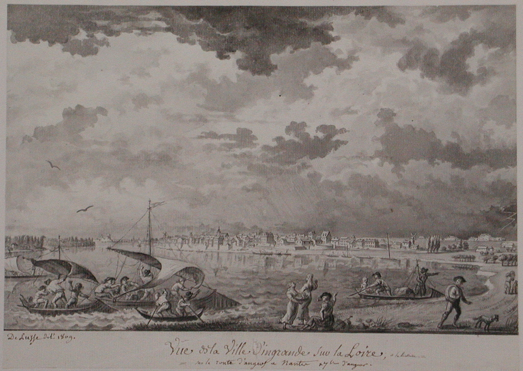 Vue de la Ville d’ingrandes sur la Loire ; la Riottière : / sur la route d’angers a Nantes a lieues d’angers  (titre inscrit)