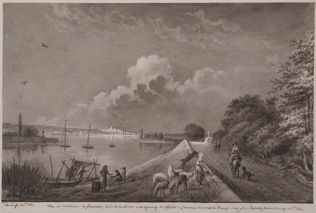 Vue et environs de Saumur bords de la Loire a michemin de Chésèt a Saumur venant de tours, vers 9 heures du matin matinée brumeuse en 8bre 1821. (titre inscrit)