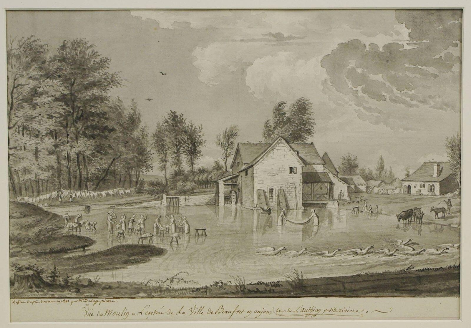 Vue du moulin a l’entrée de la Ville de Beaufort en anjou, (bras de l’Authion petite rivière). (titre inscrit)