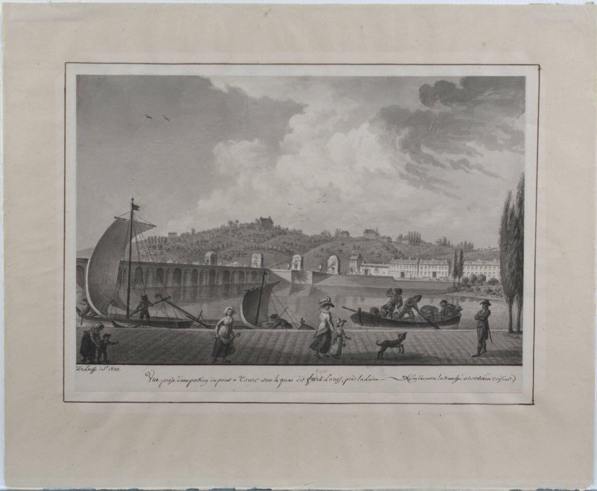 Vue prise d’une portion du pont à Tours sur le quai dit port Louis, près la Loire (l’on découvre la tranchée et ses coteaux voisins). (titre inscrit)