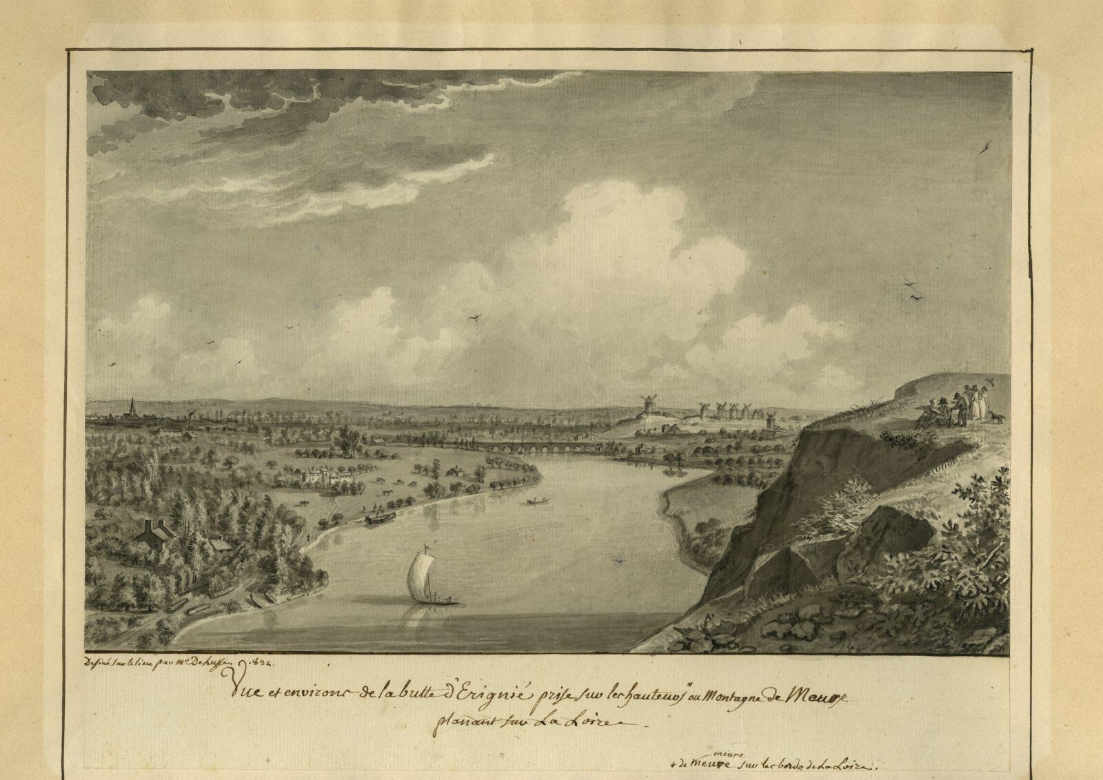 Vue et environs de la butte d’Erignié prise sur les hauteurs ou Montagne de Mauve / planant sur la Loire -/ de meuve, meure sur les bords de la Loire. (titre inscrit)