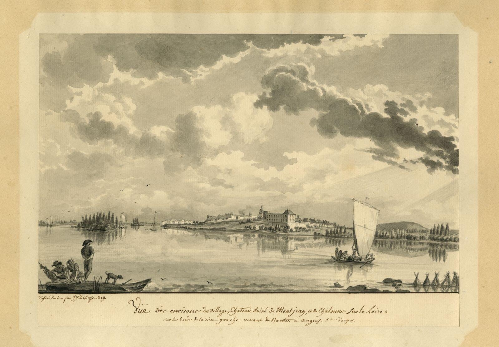 Vüe des environs du village, chateau Ruiné de Montjean, et de Chalonnes sur la Loire, / sur les bords de la rive gauche venant de Nantes a Angers 5 lieues d’angers.  (titre inscrit)
