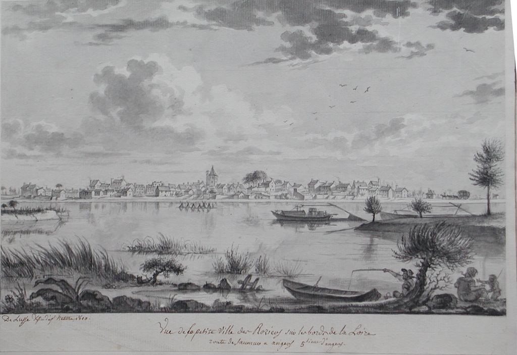 Vue de la petite ville des Roziers sur les bords de la Loire / route de Saumur a angers  5 lieues d’angers. (titre inscrit)