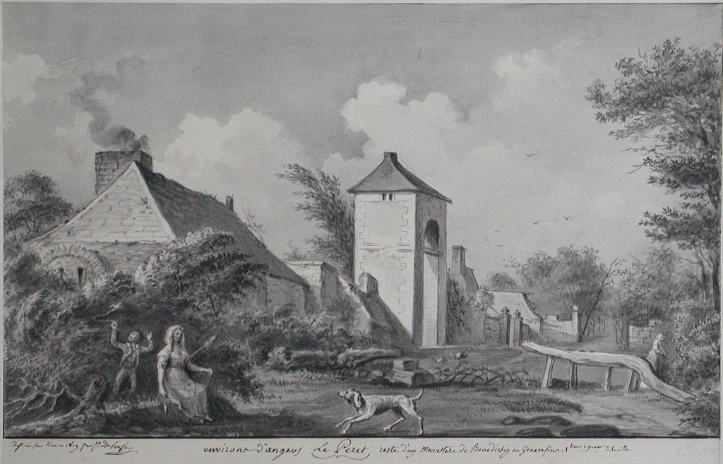 Environ d’angers le Peret reste d’un monastère de Bénédictins ou Génovéfains. 1 lieue 1 quart de la ville.  (titre inscrit)
