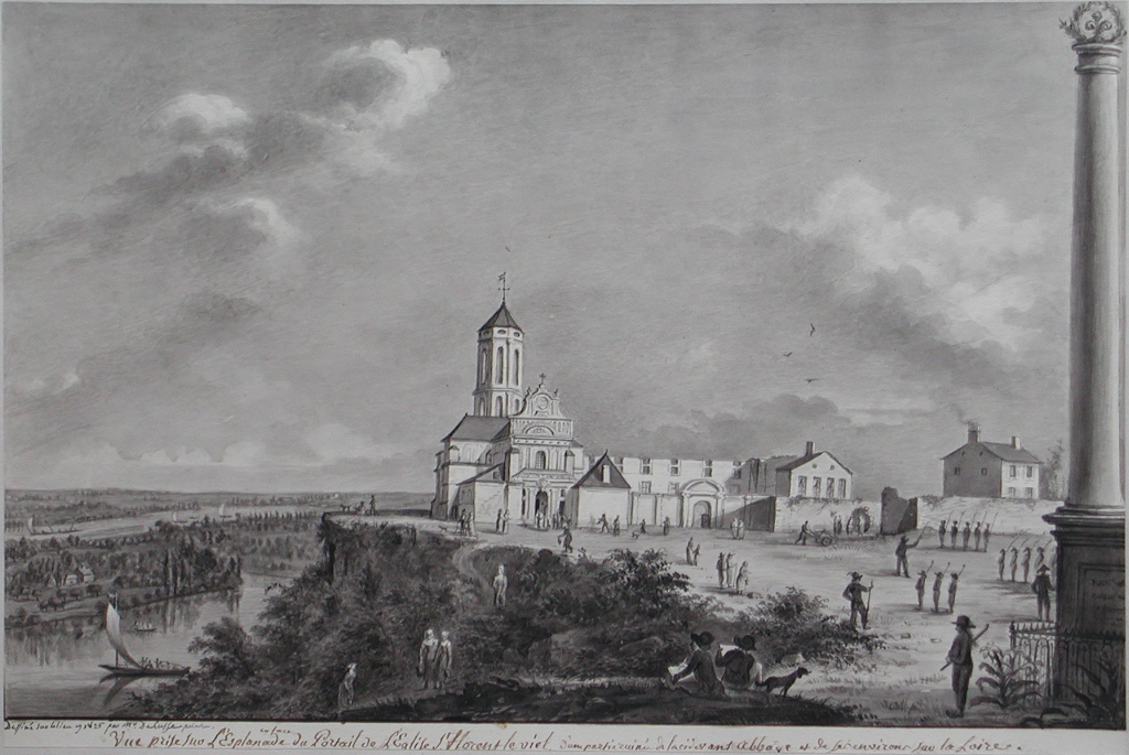 Vue prise sur l’Esplande/ en face / du Portail de l’Eglise de St Florent le viel d’une partie ruinée de la cidevant Abbaye et de ses environs sur la Loire. (titre inscrit)
