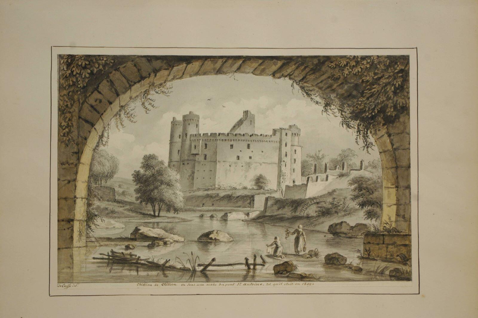 Château de Clisson vu sous une arche du pont St Antoine, tel qu’il était en 1809. (titre inscrit)