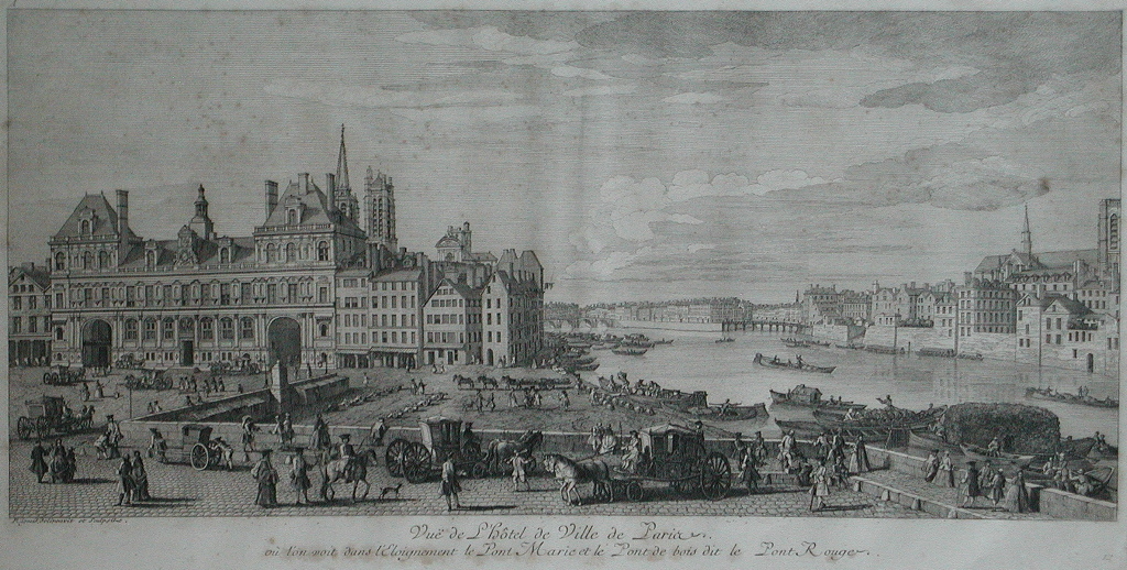 Vuë de l’Hotel de Ville de Paris / où l’on voit dans l’éloignement le Pont Marie et le Pont de bois dit le Pont Rouge (titre inscrit)