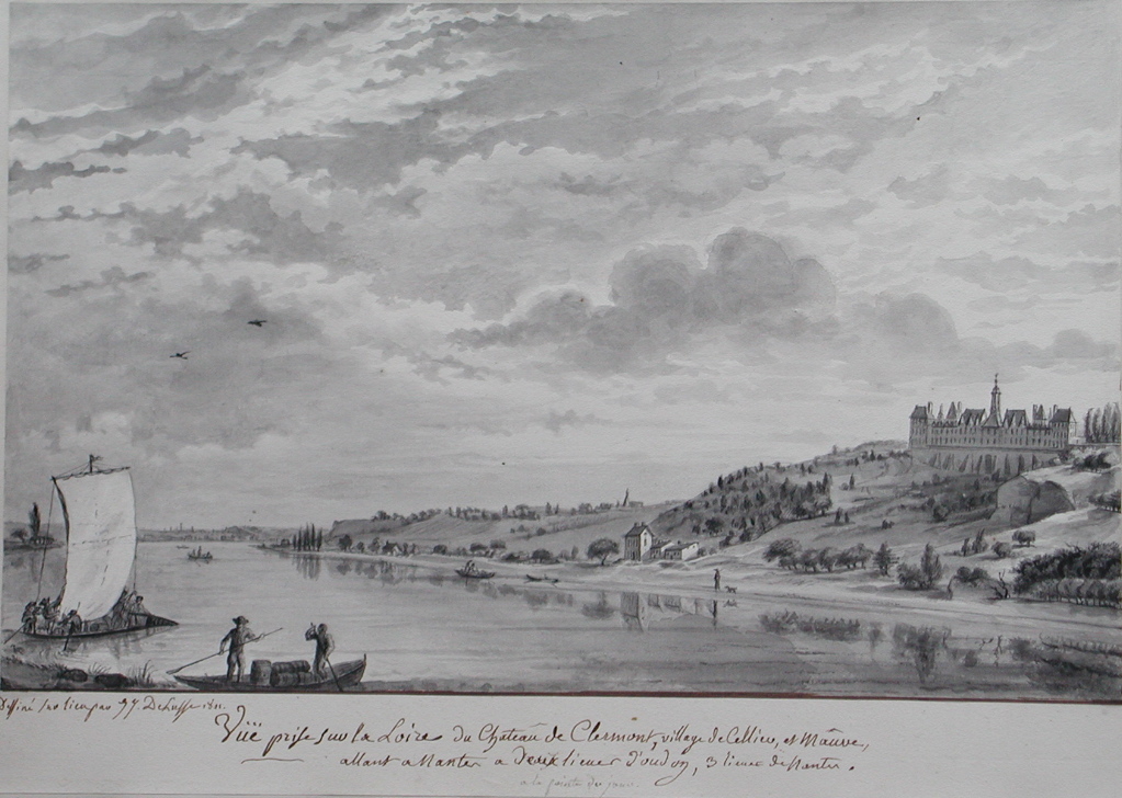 Vue prise sur la Loire du château de Clermont, village de Cellier (e) et maûve, allant a nantes a deux lieues d’oudon, 3 lieux de Nantes, à la pointe du jour (titre inscrit)