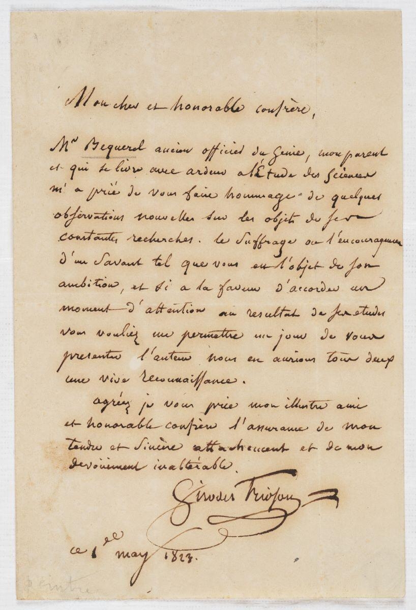 Lettre à Gaspard de Prony recommandant les travaux scientifiques de César Becquerel