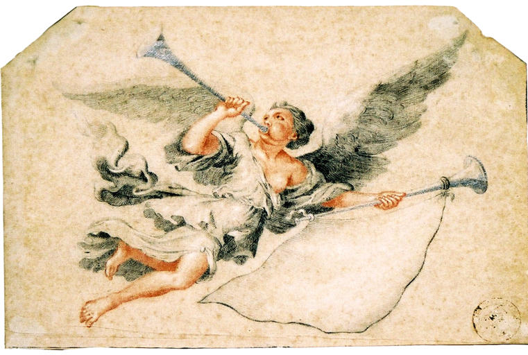 Renommée volant et embouchant la trompette (titre factice)