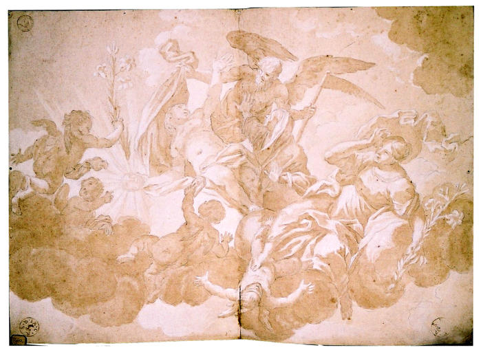 Composition de plafond. La Mort ( ?) découvrant une femme nue tenant dans sa main droite un masque rayonnant. Une femme sur la droite, tenant une branche de lis, se cache le visage. Autour, des amours tenant des branches de lis.