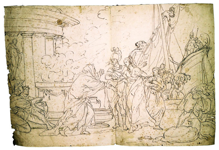 A gauche un temple d'Apollon avec autel fumant. Un vieillard drapé accueille un guerrier et une jeune femme débarquant d'un navire.