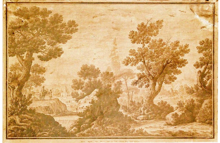 Paysage forestier, rivière , personnages et bâtisses (titre factice)