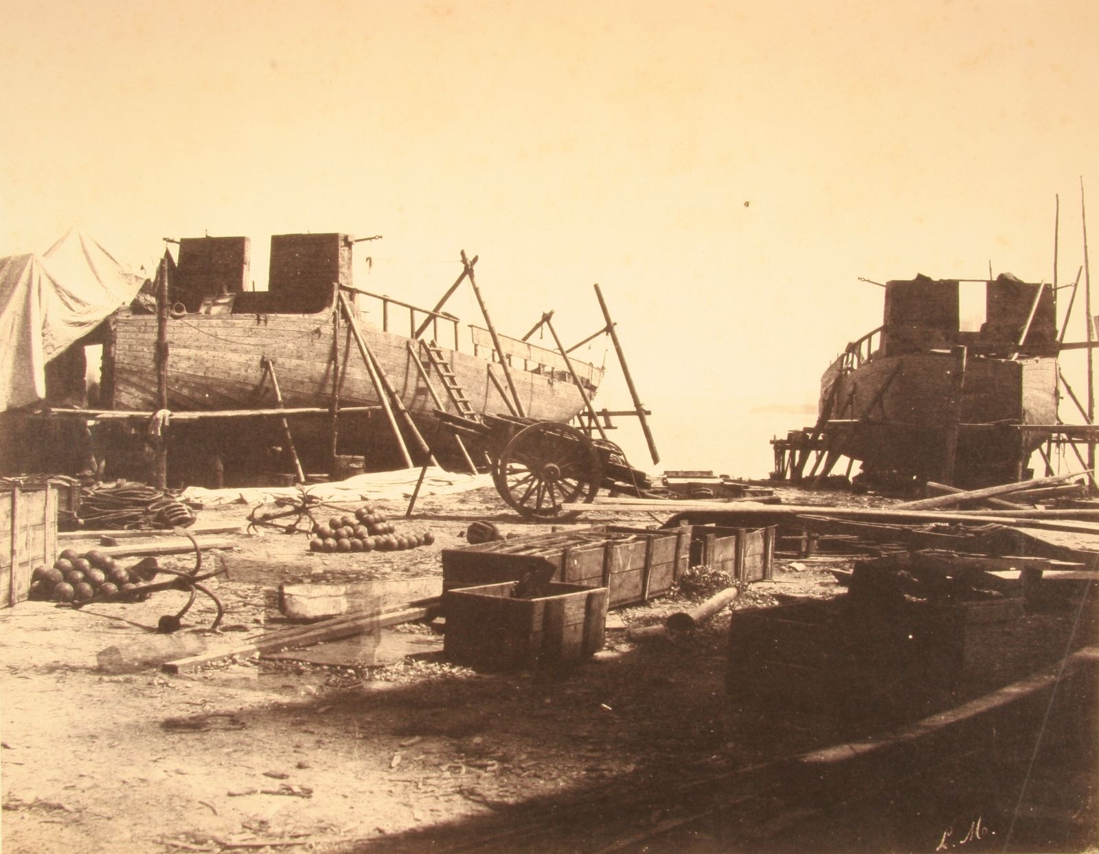 Campagne d'Italie. 1859. Dezensano. Canonnières françaises en chantier sur le lac de Garde