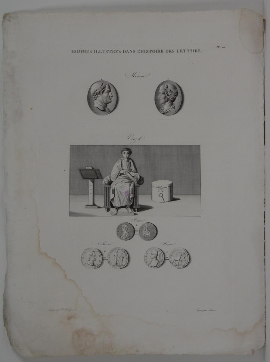 Planches de l'iconographie romaine (pl 13) : Hommes illustres dans l'histoire des lettres : Mécenel, Virgile