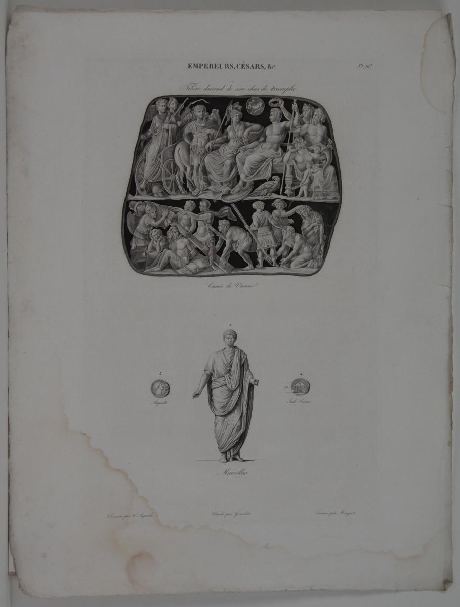 Planches de l'iconographie romaine (pl 19) : Empereurs, Césars, &Ca. : Tibère descend de son char de triomphe ; Camée de Vienne