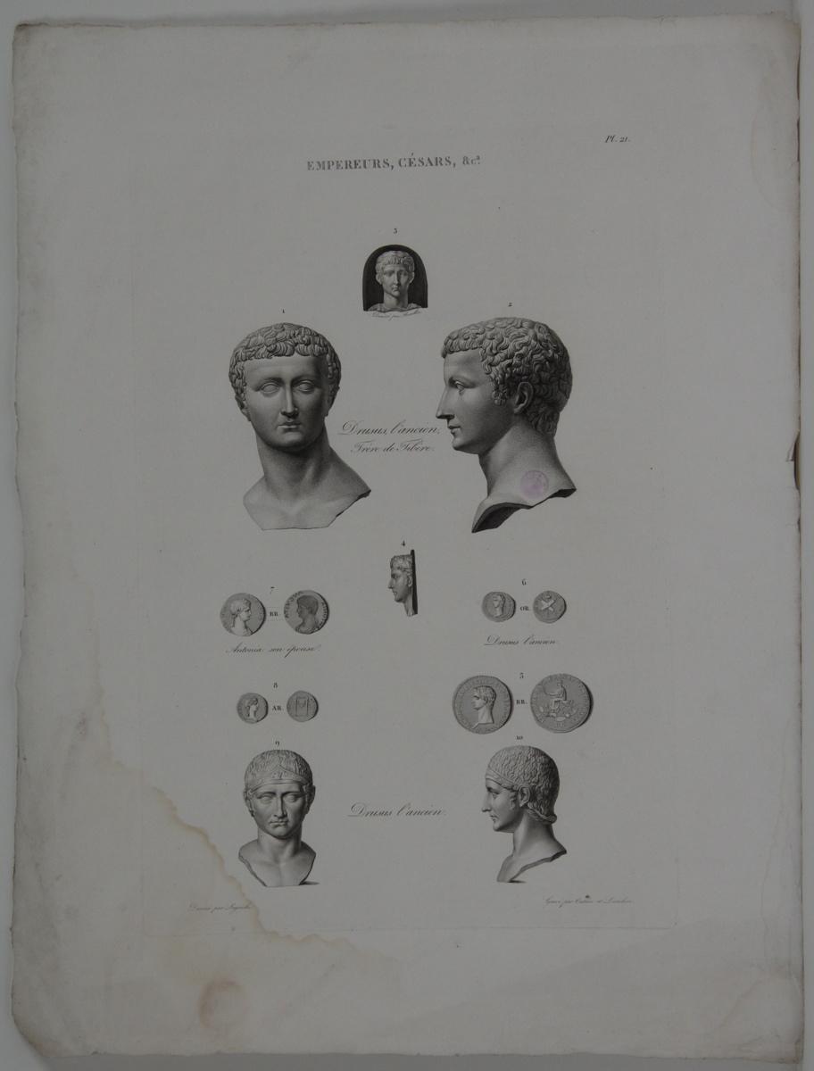 Planches de l'iconographie romaine (pl 21) : Empereurs, Césars, &Ca. ; Drusus l'ancien, frère de Tibère, et de sa femme, Antonia
