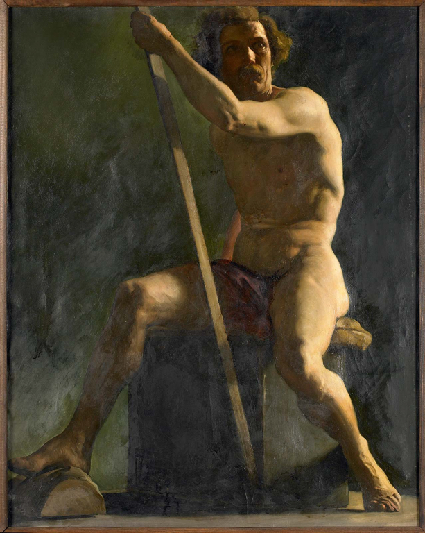 Académie d'homme assis et tenant un bâton