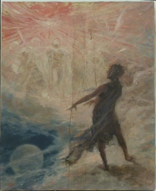 Apparition astrale. Homme effrayé par le soleil, la lune à gauche à ses pieds